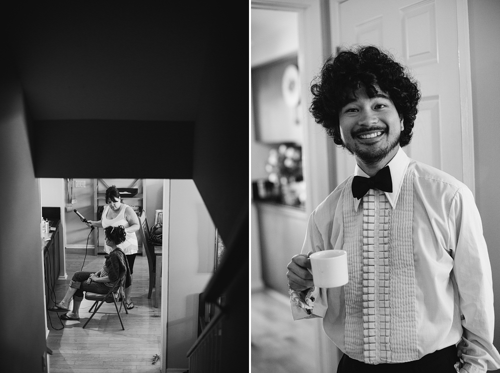 These are photos of the bride getting ready and the best man smiling.