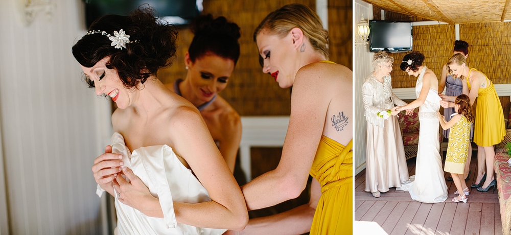 This is a bridesmaid helping Rachel into her wedding dress.