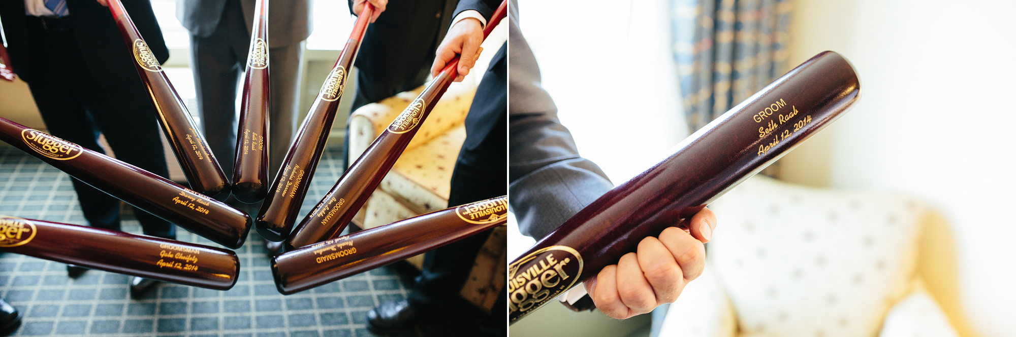 The groom got his groomsmen baseball bats as a gift!