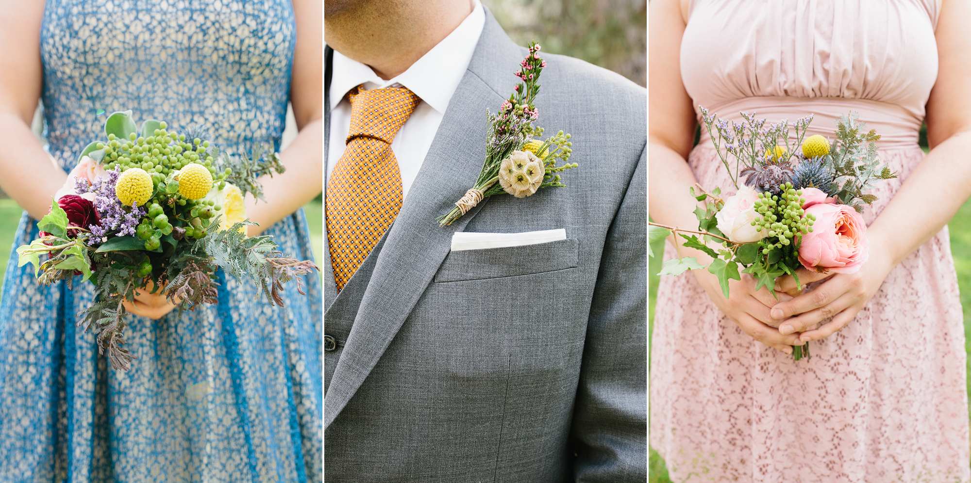 These are detail photos of the groomsmens' boutennieres and the bridesmaids' bouquets.