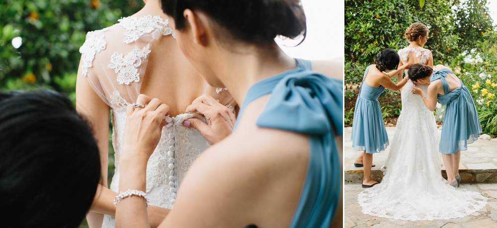 It is so sweet of the bridesmaids to help the bride put on her dress.