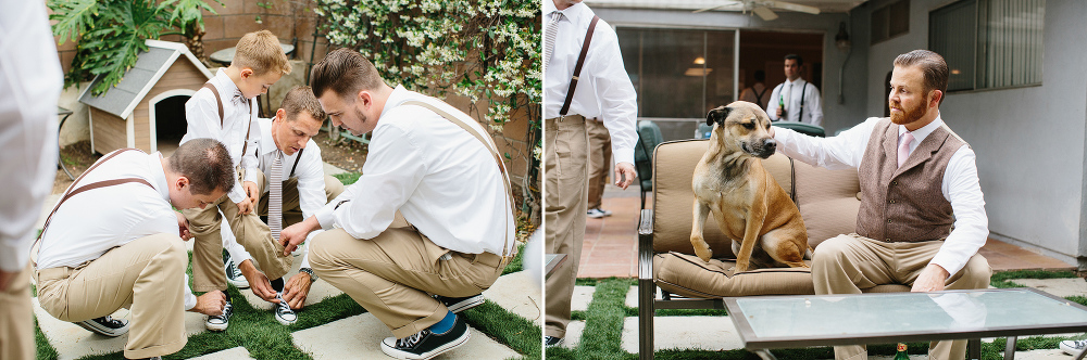 Here is a photo of the groomsmen helping the ring bearer get ready while the groom hangs out with his dog. 