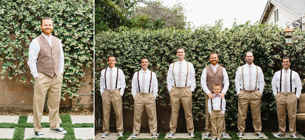 Chris and the groomsmen posed for a photo in a straight line. 