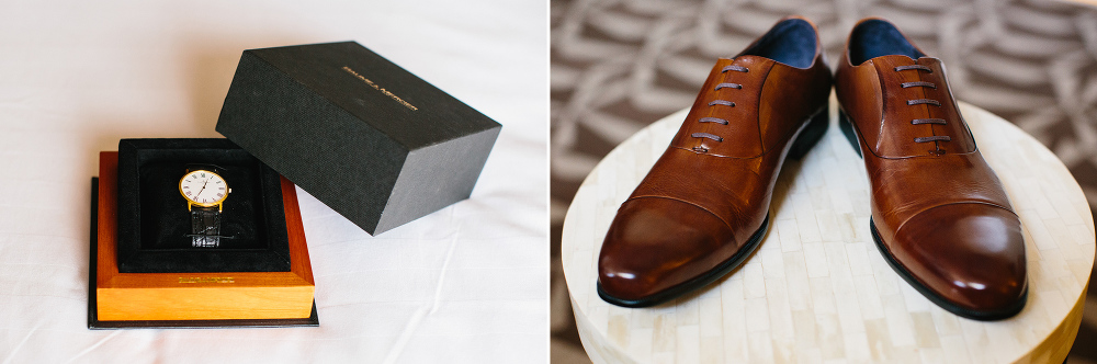 The groom wore a special watch and brown leather shoes. 