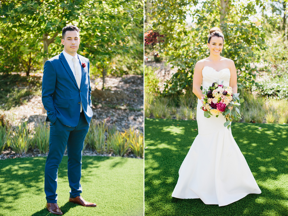 Thr groom wore a blue suit and the bride wore a fitted sweatheart strapless gown. 