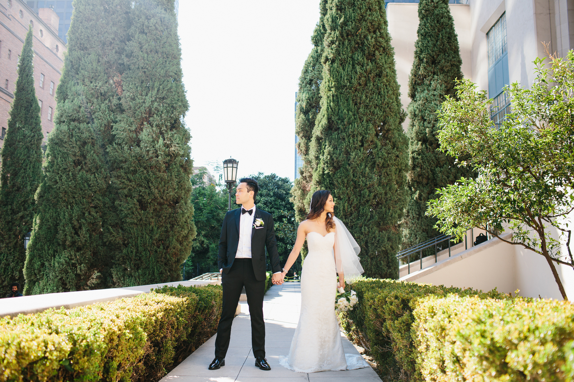 A bride and groom portrait at Cafe Pinot. 