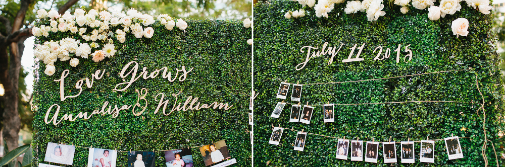A cute wall with kid photos of the bride and groom at the wedding. 