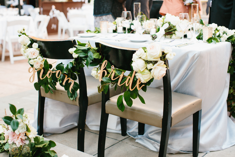 Bride and groom signs hanging on the chairs at the sweetheart table. 