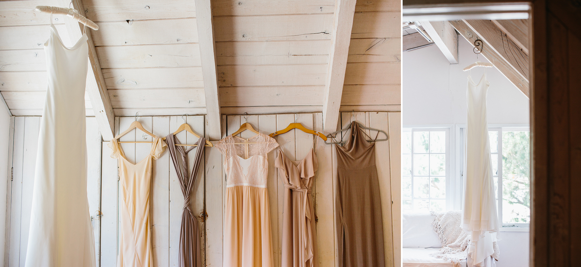 The bride's dress hanging near the bridesmaids' dresses. 