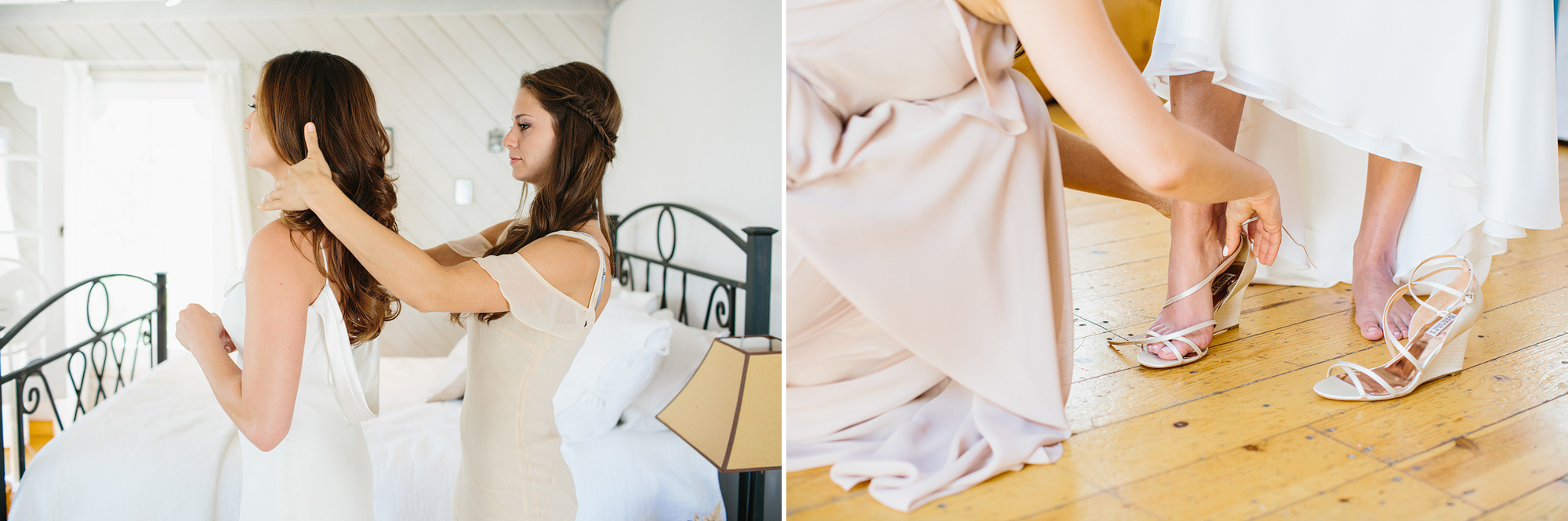 Photos of the bride getting dressed and putting her shoes on. 