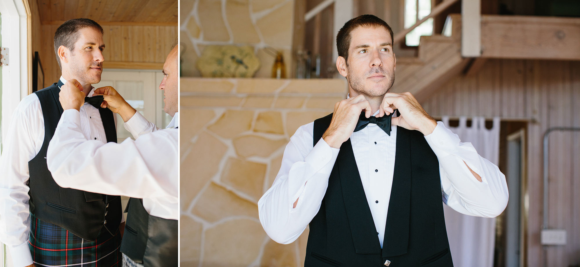 The groom putting on his bow tie. 