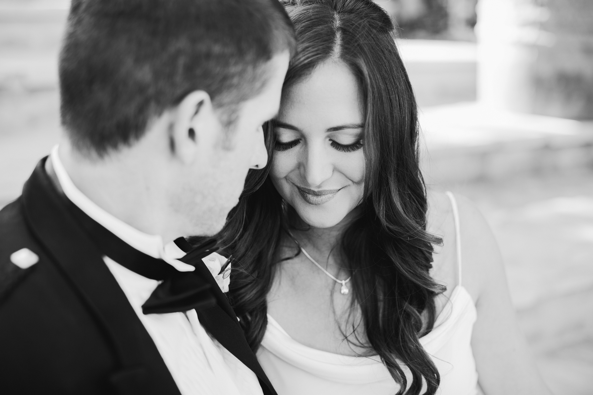 A beautiful black and white photo of the bride and groom. 