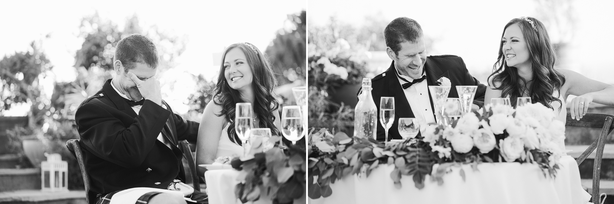 The bride and groom's reactions during toasts. 