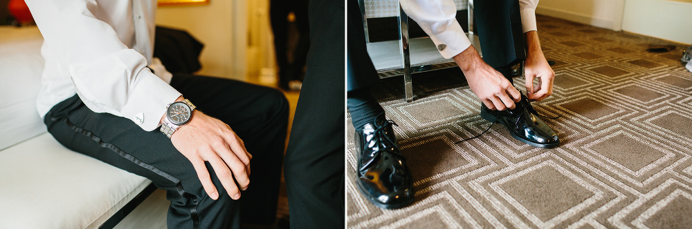 The groom putting on his tie and shoes. 
