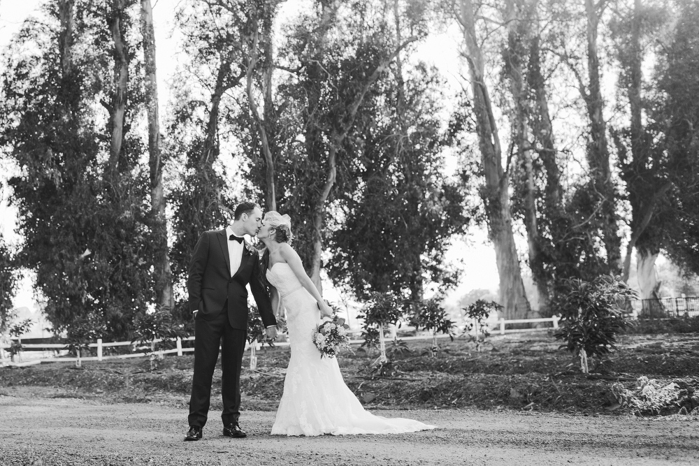 A sweet black and white photo of the bride and groom kissing. 