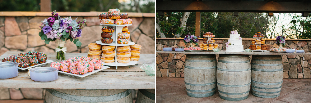 Carrie and Justin had a white tiered cake and donuts for desserts. 