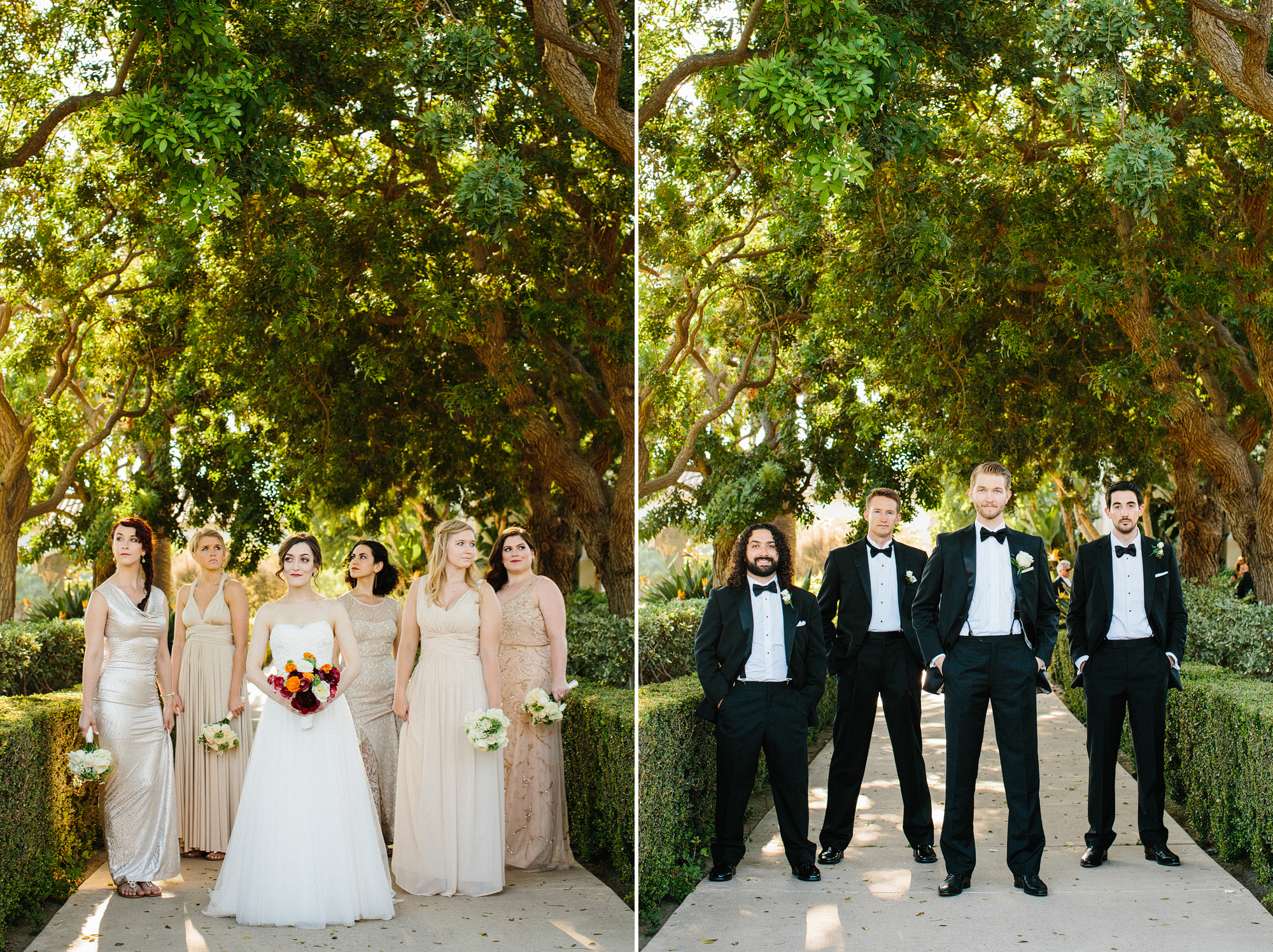 Photos of the bride and bridesmaids and groom and groomsmen. 