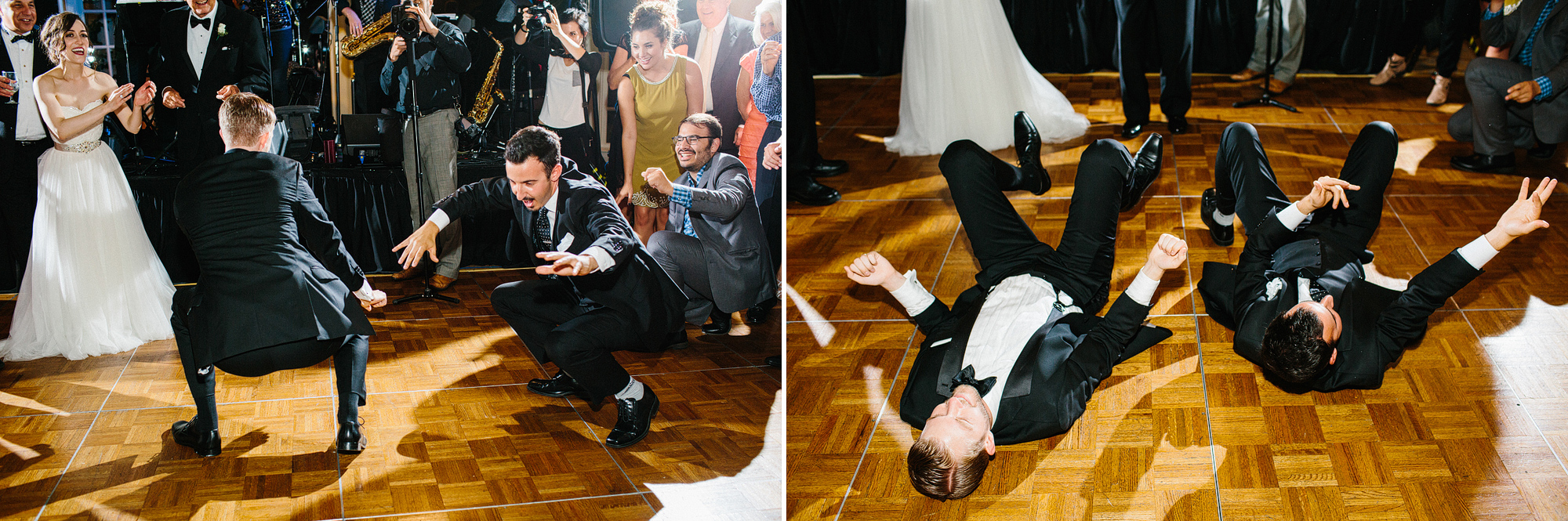 The groom and a friend dancing on the floor. 