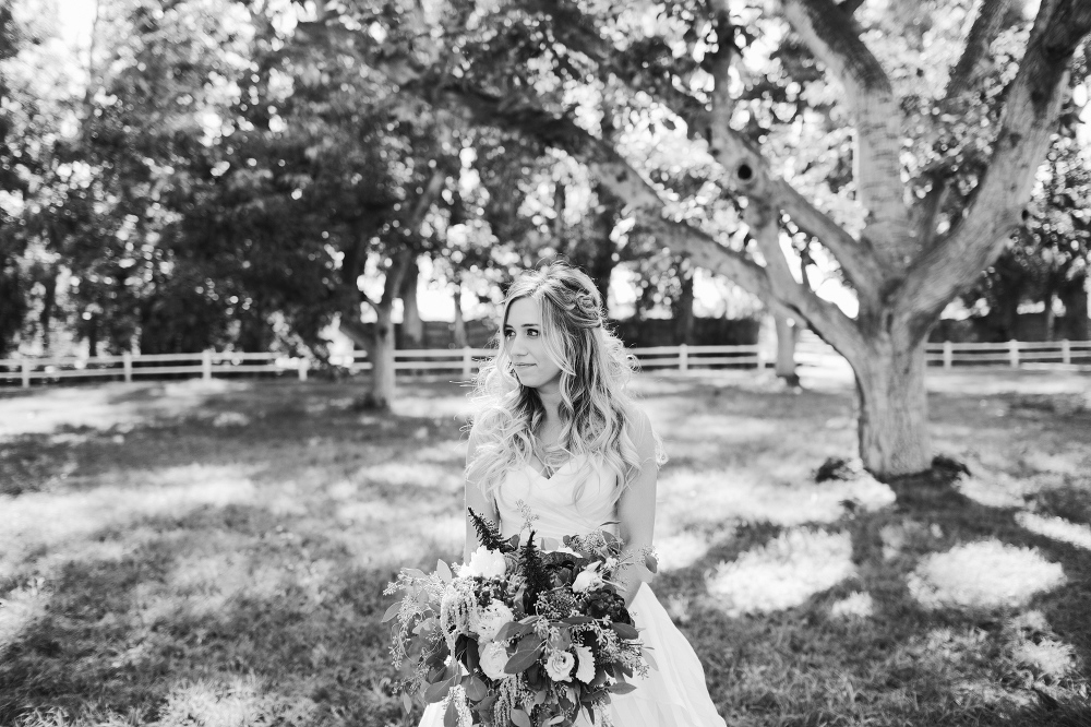 A black and white photo of the bride. 