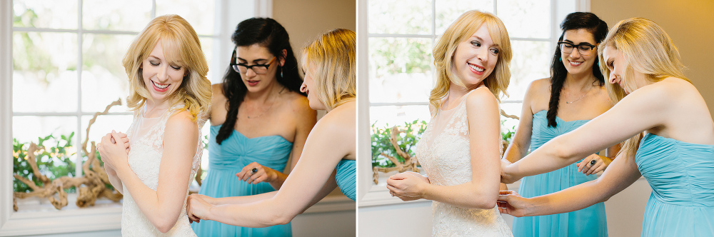 The bridesmaids helping Lauren get in her dress. 