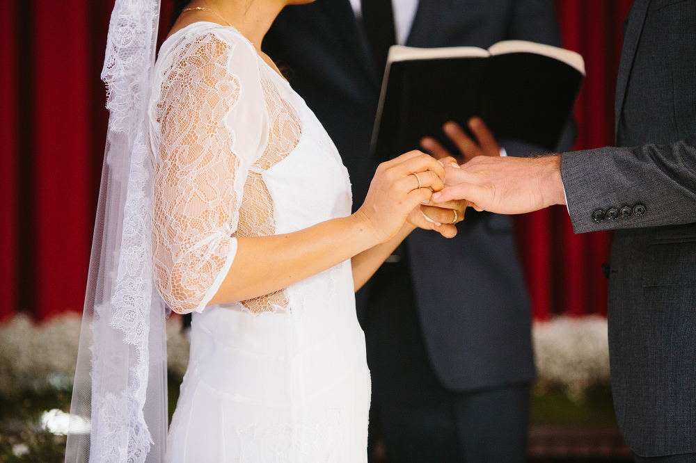 The couple exchanging rings. 