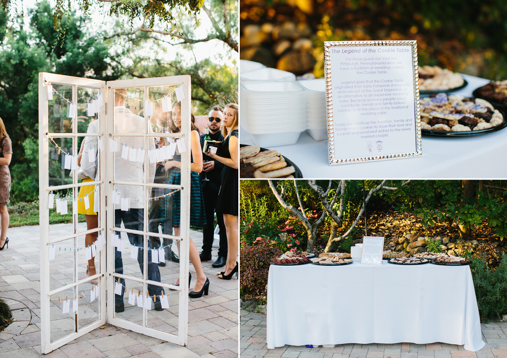 The escort card display and cookie table during cocktail hour and reception. 