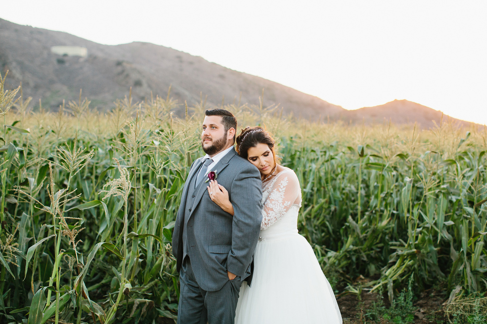 A sunset photo of the bride and groom. 