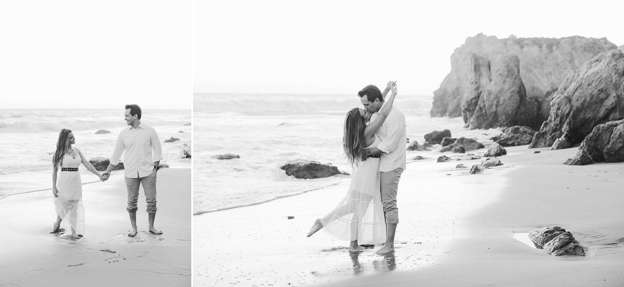 Sweet black and white photos of the couple walking on the sand. 