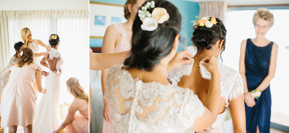 The bridesmaids helping Anita get dressed. 