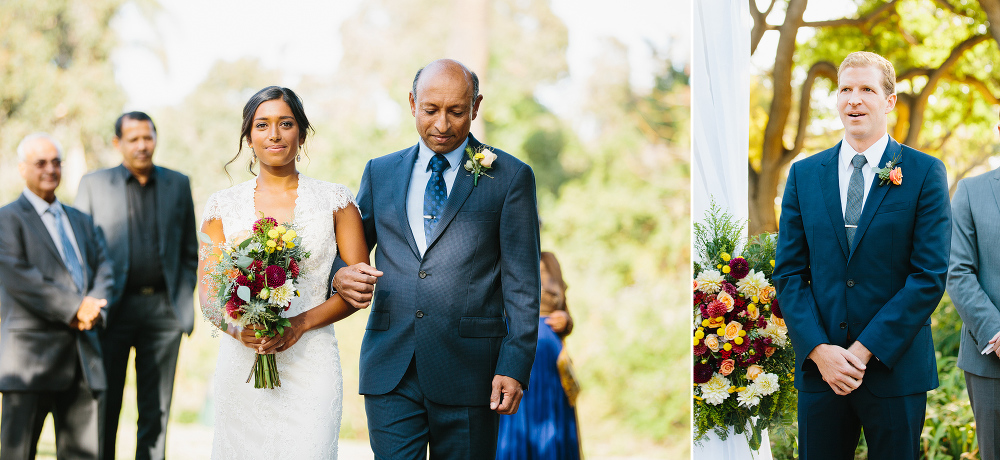 The bride walking down the aisle with her dad. 