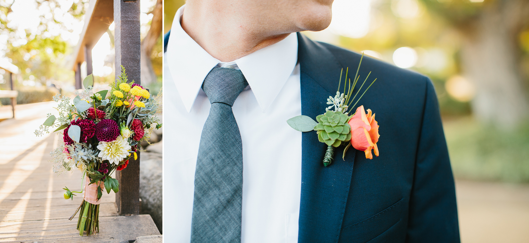 The bride's bouquet and groom's boutonniere. 
