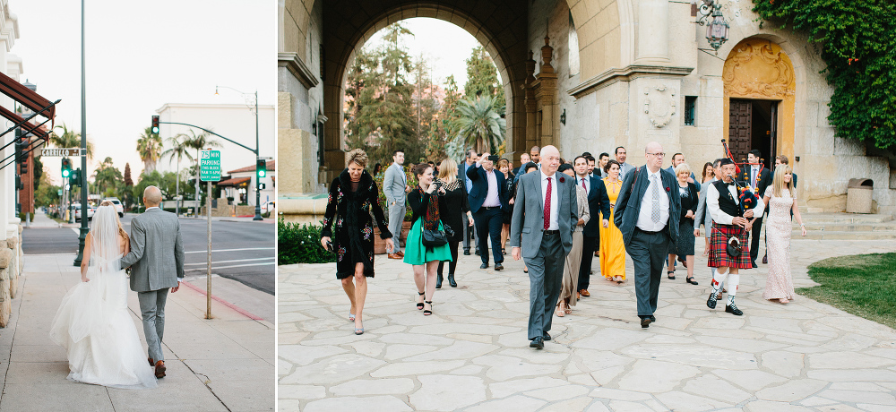 The wedding party walking to the reception. 