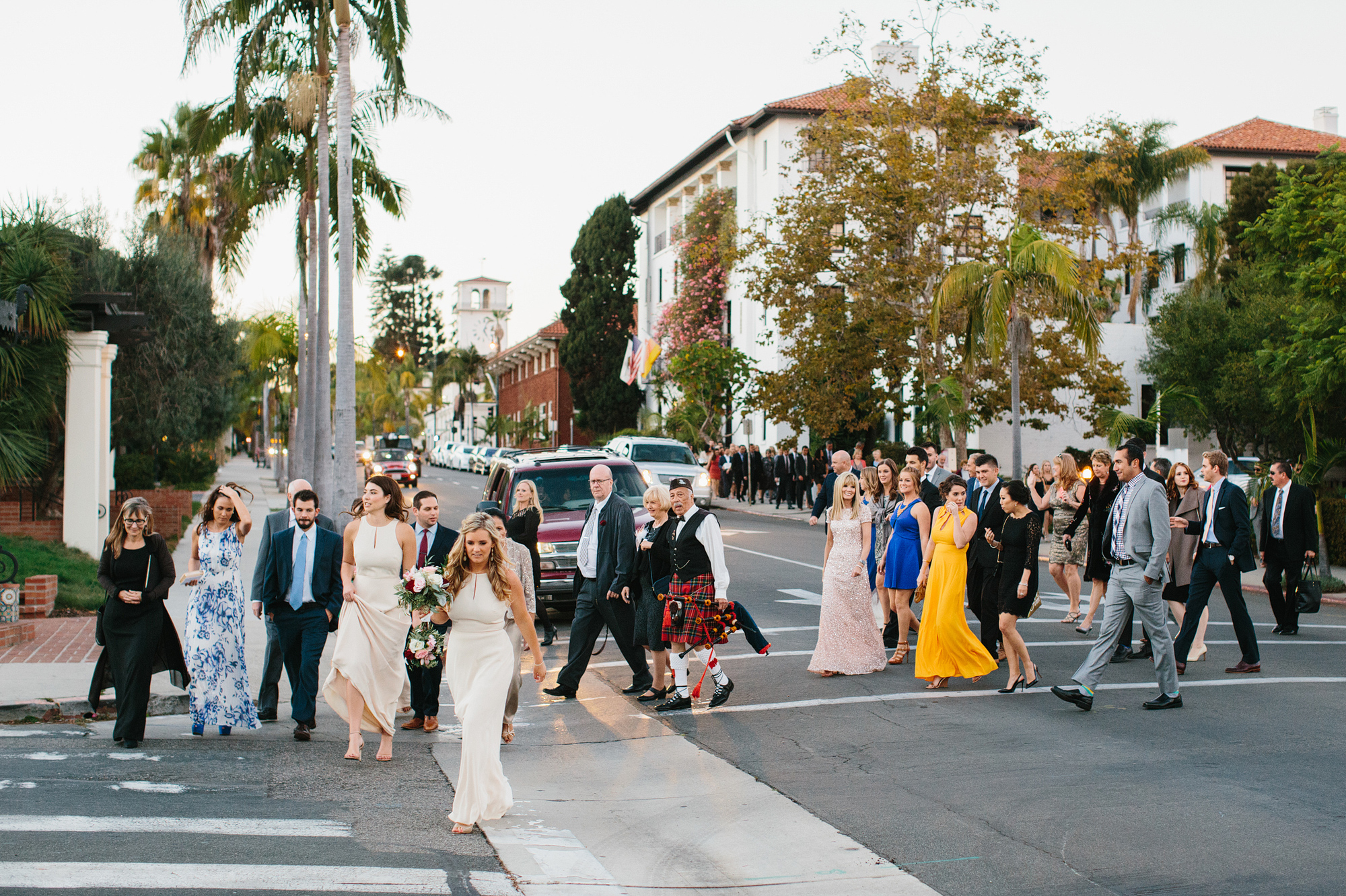 All the guests walking to the reception. 