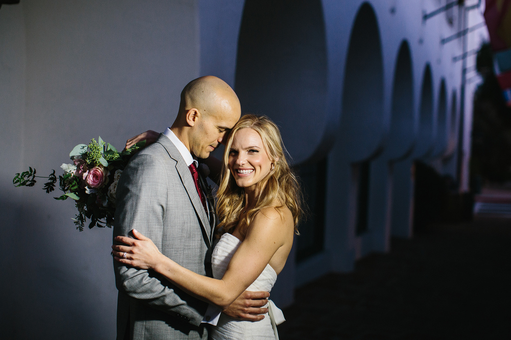 A night shot of the couple on their wedding day. 