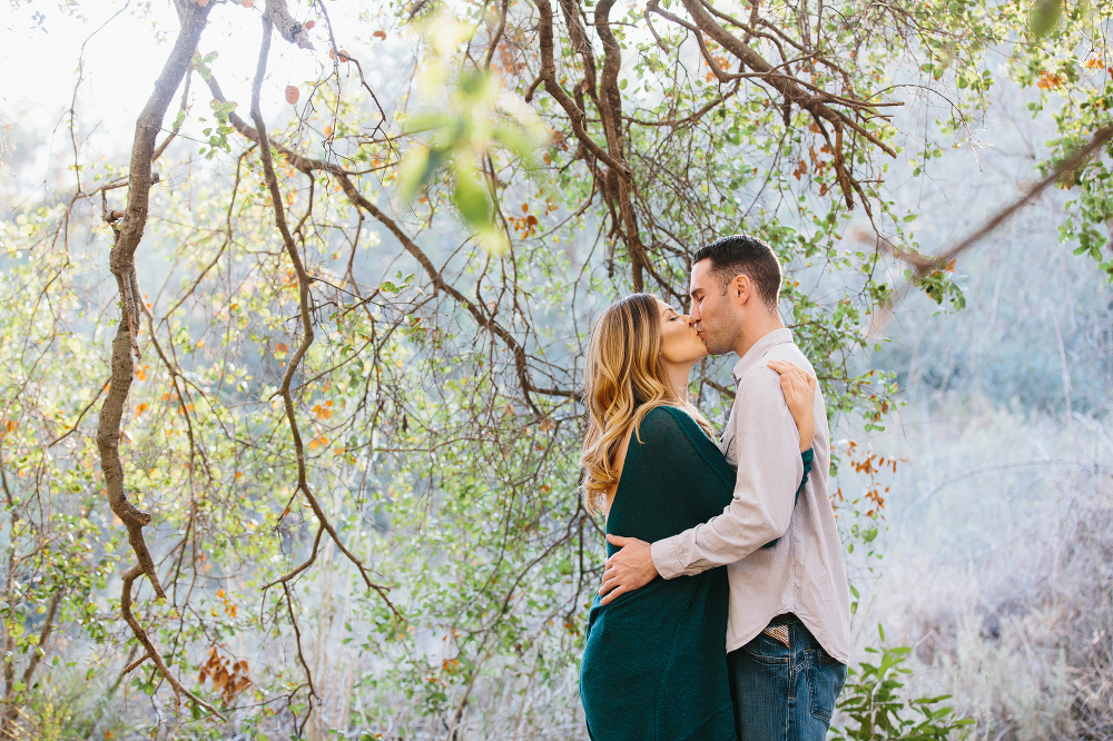 The couple kissing under a tree. 