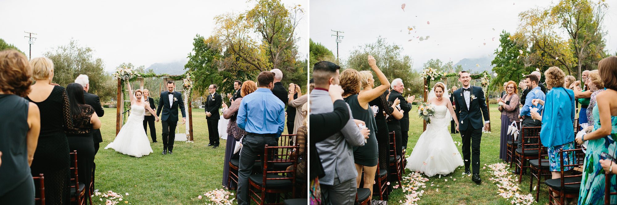 The bride and groom's recessional with petals tossed. 