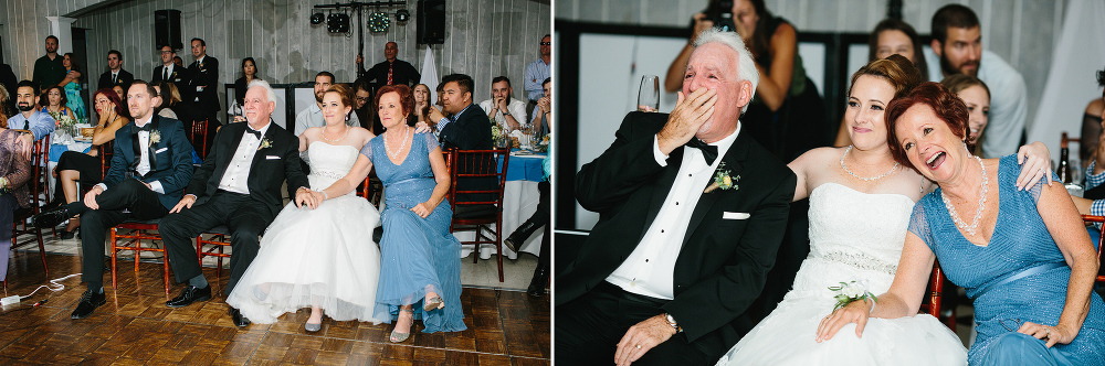 The bride and her parents watching the video. 