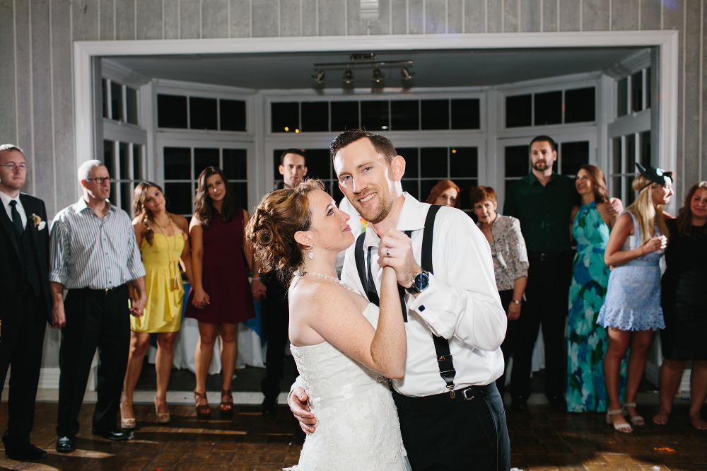 The bride and groom dancing together at the end of the reception. 