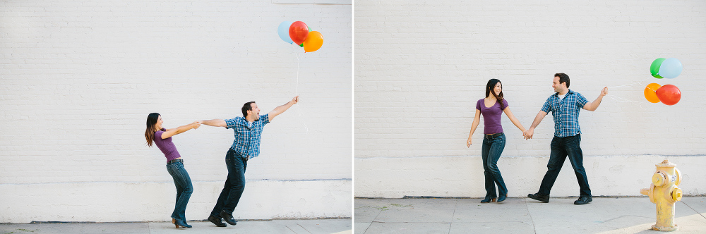 The couple walking with the balloons. 