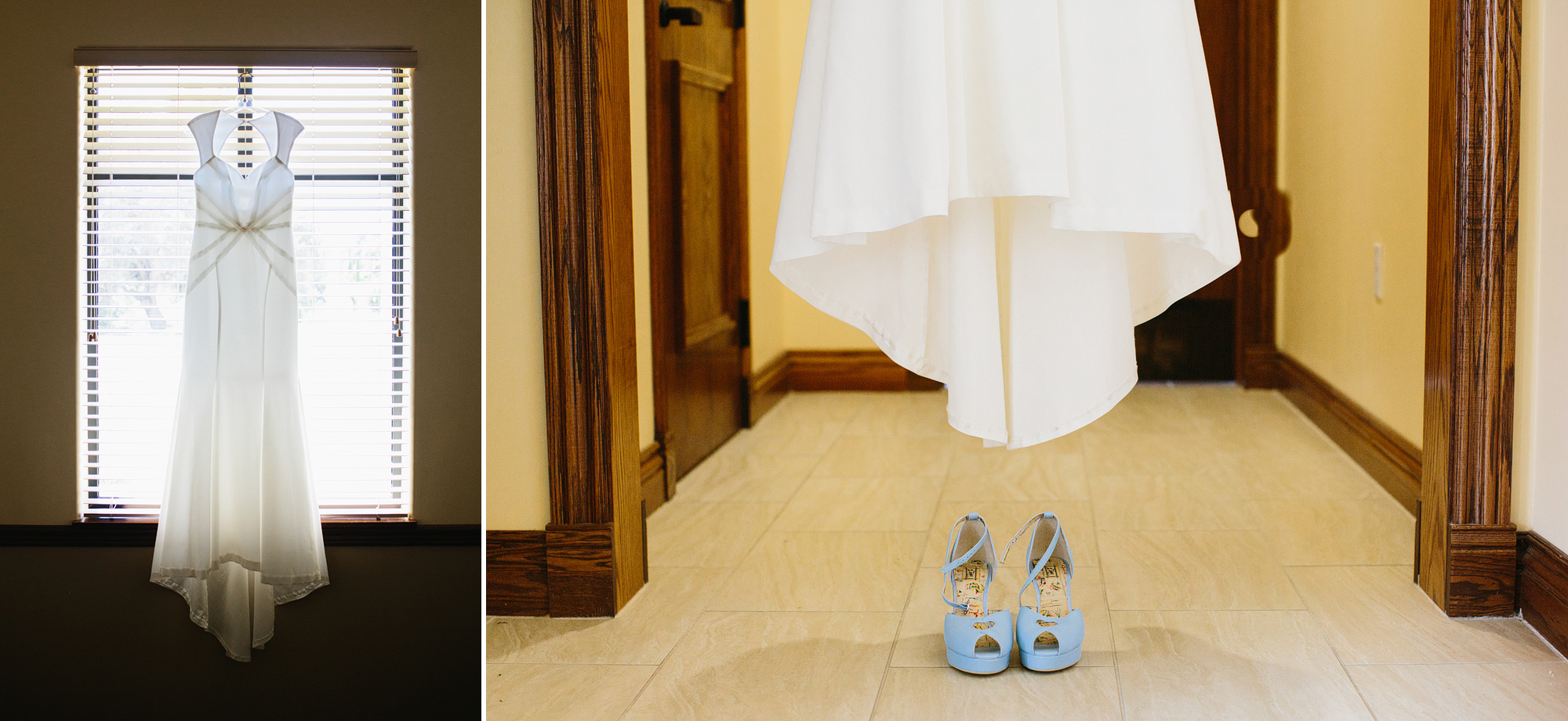 The bride's dress and light blue shoes. 