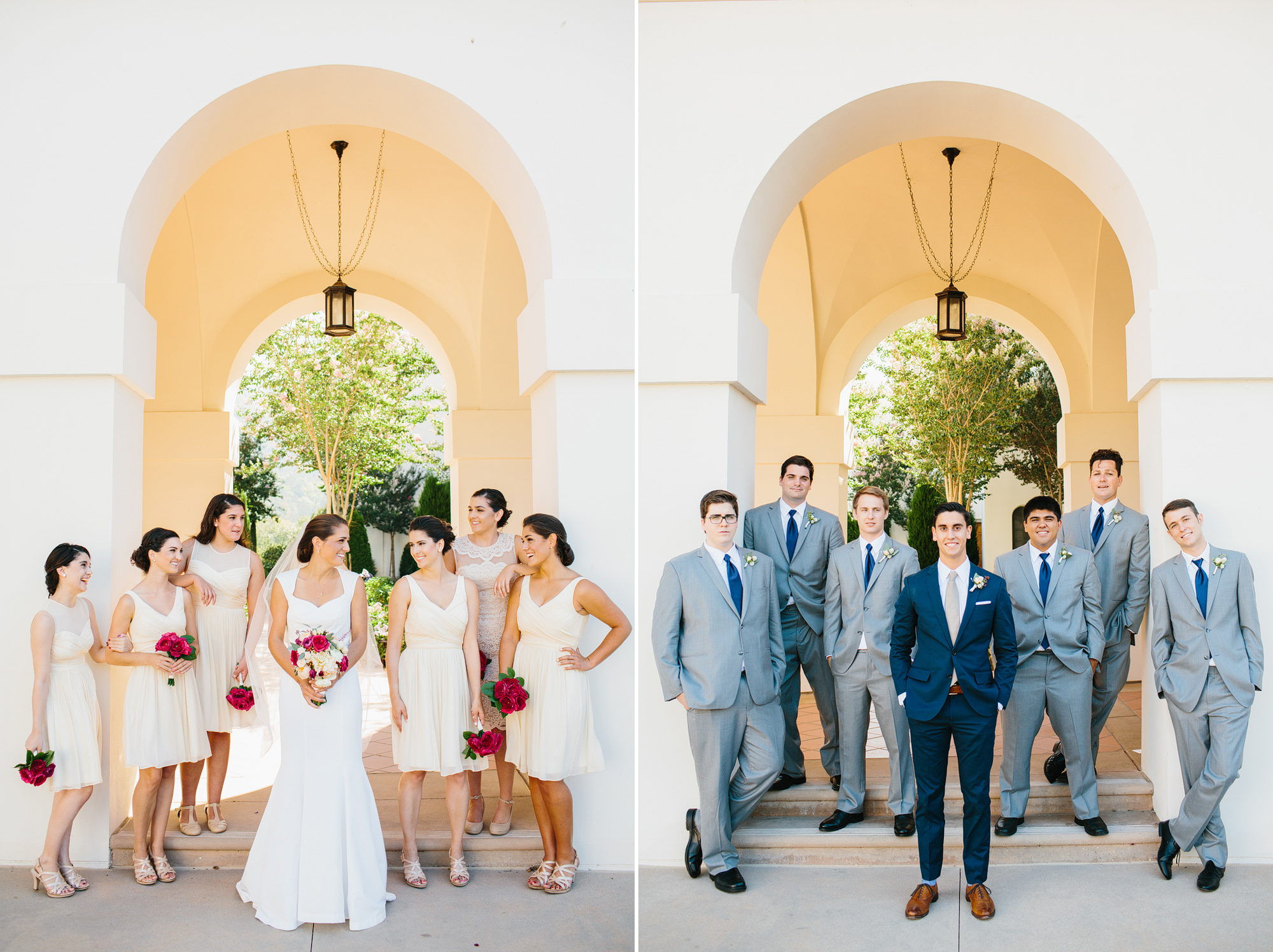 The bridal party in front of arches at the college. 