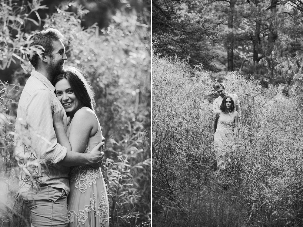 Black and white photos of the couple in the grass. 