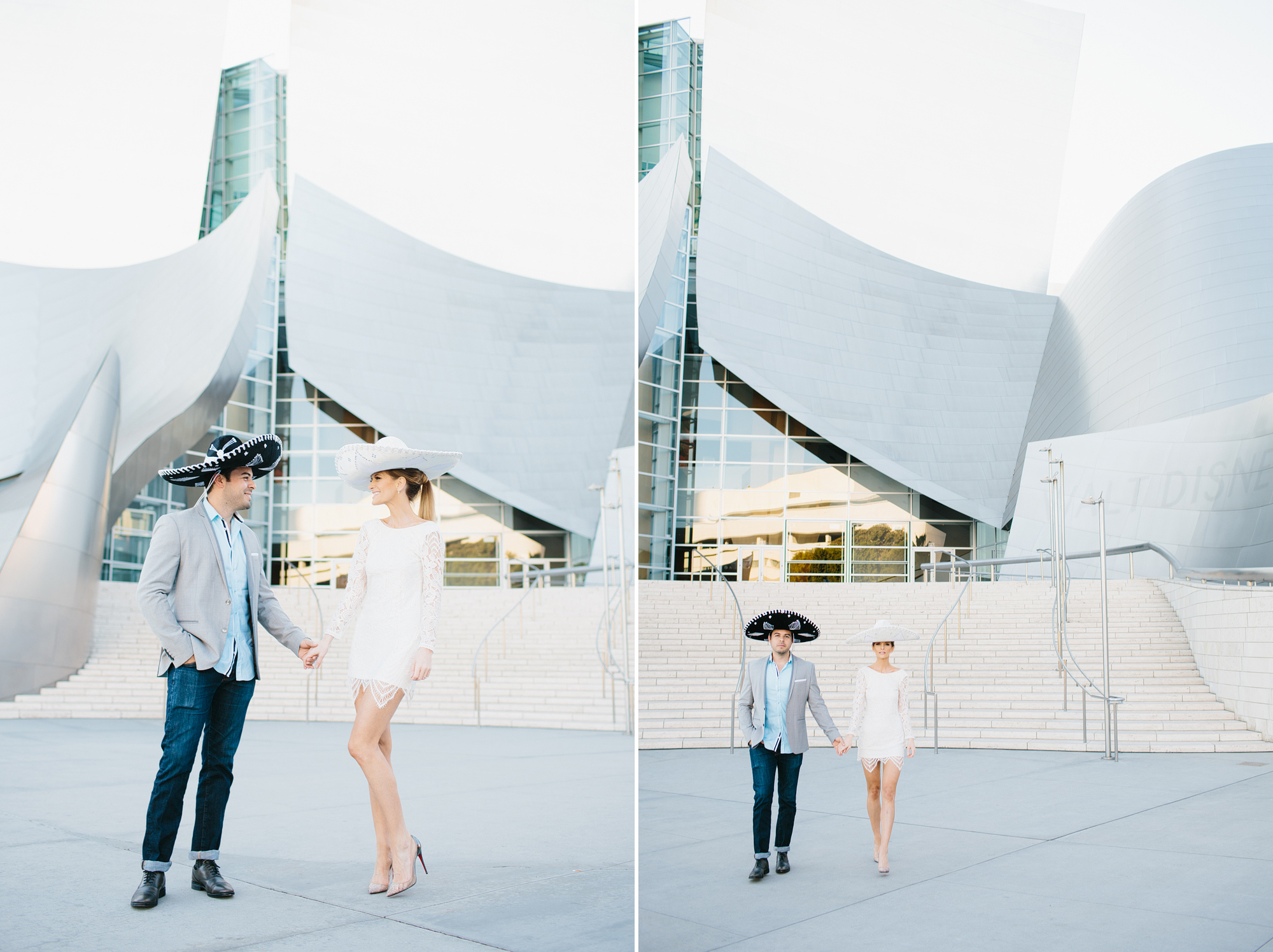 The couple in front of the beautiful concert hall. 