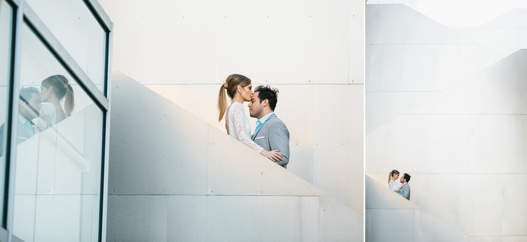 The couple standing in front of a large building. 