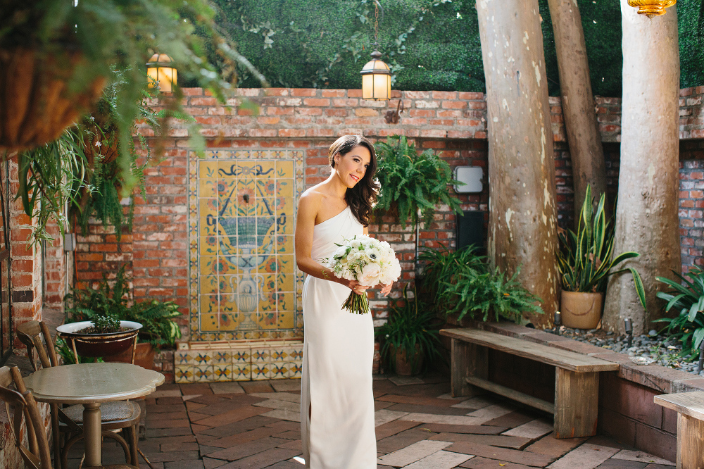 The bride walking to the groom. 