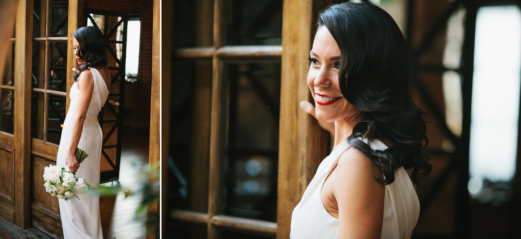 Bridal portraits by the wood door. 