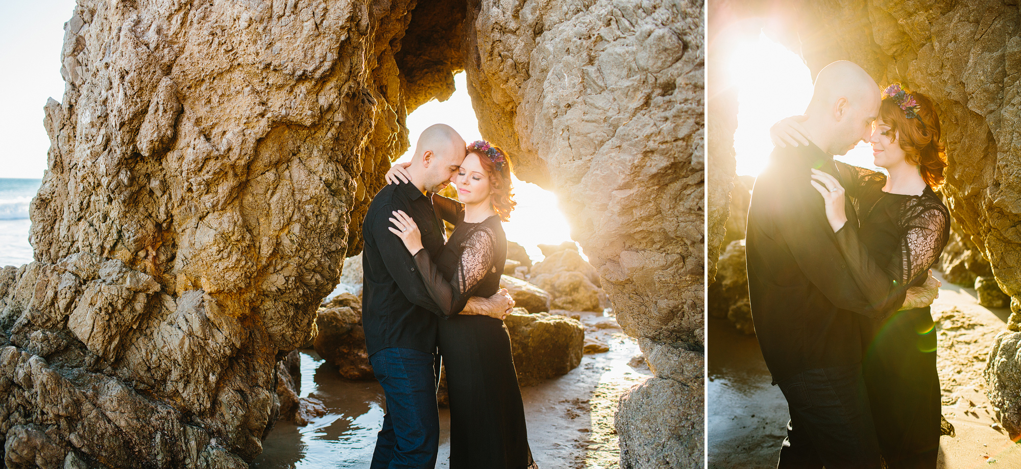 The couple by large rocks. 