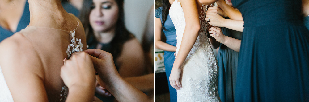 The bride getting in her dress. 