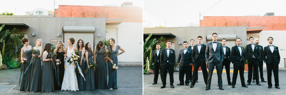 The bride with the bridesmaids and groom with the groomsmen. 