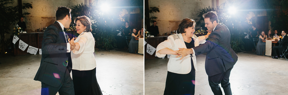 The groom dancing with his mom. 